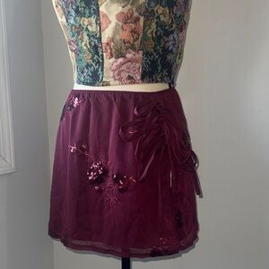Burgundy Mini Skirt with Floral Embellishments